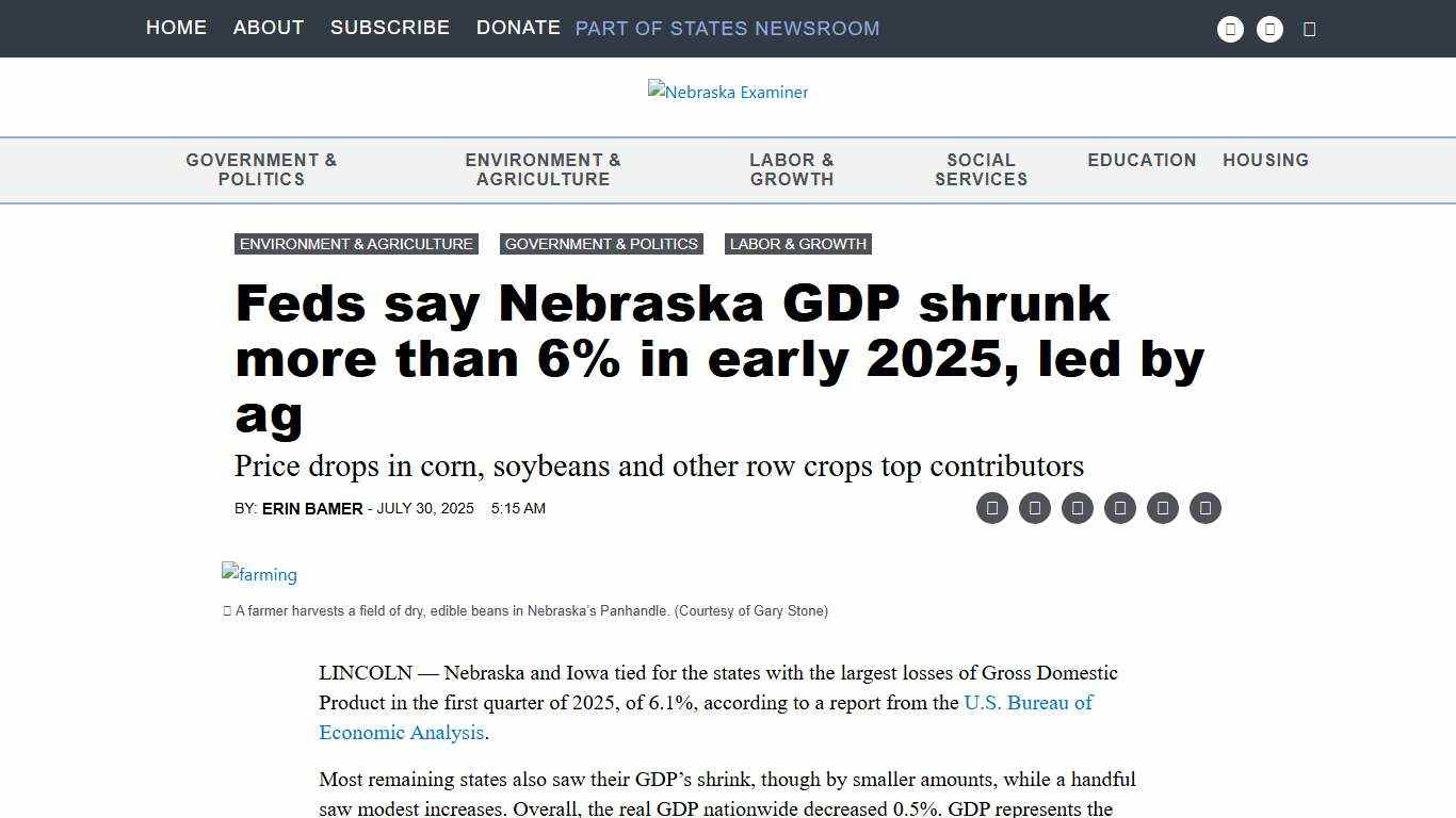Feds say Nebraska GDP shrunk more than 6% in early 2025, led by ag • Nebraska Examiner